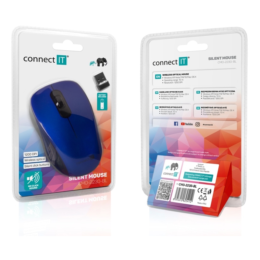 CONNECT IT CMO-2230-BL - Trådlös tyst mus MUTE 1200 DPI 1xAA svart/blå