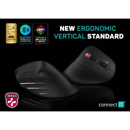 CONNECT IT CMO-2880-BK - Ergonomisk trådlös mus Verti TriMode 1000/1600/2400 DPI 2xAAA svart