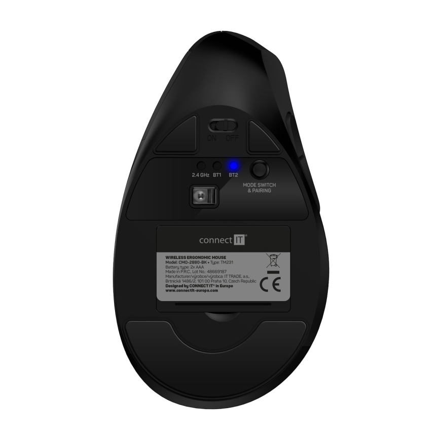 CONNECT IT CMO-2880-BK - Ergonomisk trådlös mus Verti TriMode 1000/1600/2400 DPI 2xAAA svart
