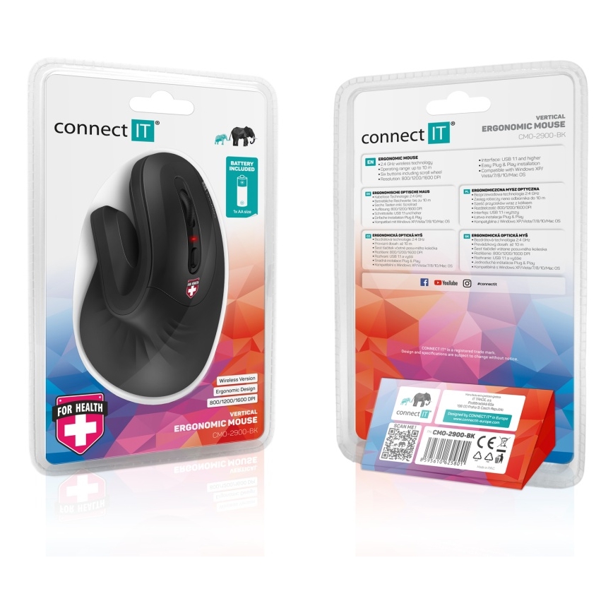CONNECT IT CMO-2900-BK - Ergonomisk trådlös mus 800/1200/1600 DPI 1xAA svart