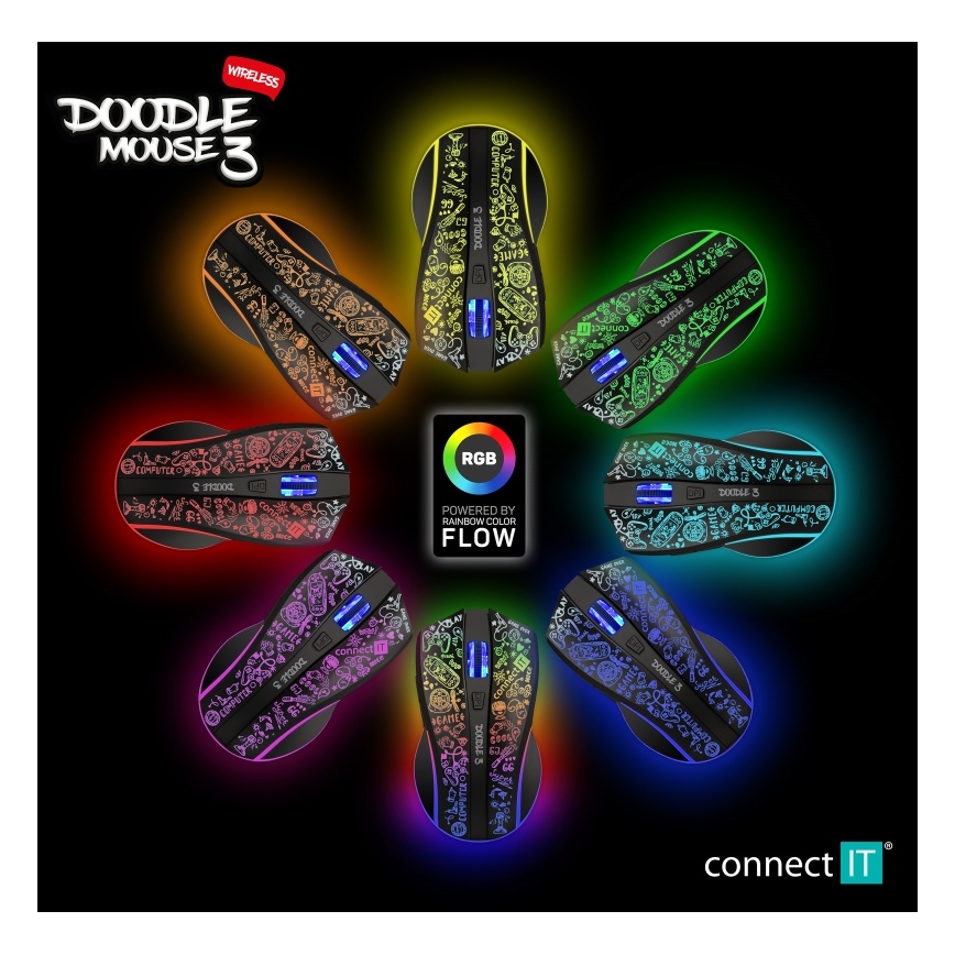 CONNECT IT CMO-3530-DD - LED RGB Trådlös laddningsbar gaming mus 800/1200/1600/2400/4800 DPI 600 mAh svart