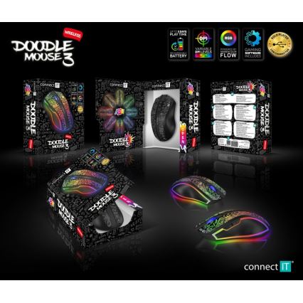 CONNECT IT CMO-3530-DD - LED RGB Trådlös laddningsbar gaming mus 800/1200/1600/2400/4800 DPI 600 mAh svart