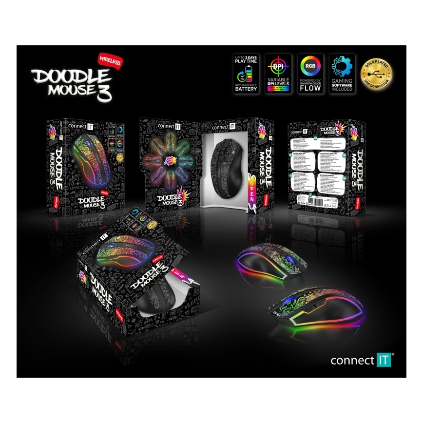 CONNECT IT CMO-3530-DD - LED RGB Trådlös laddningsbar gaming mus 800/1200/1600/2400/4800 DPI 600 mAh svart