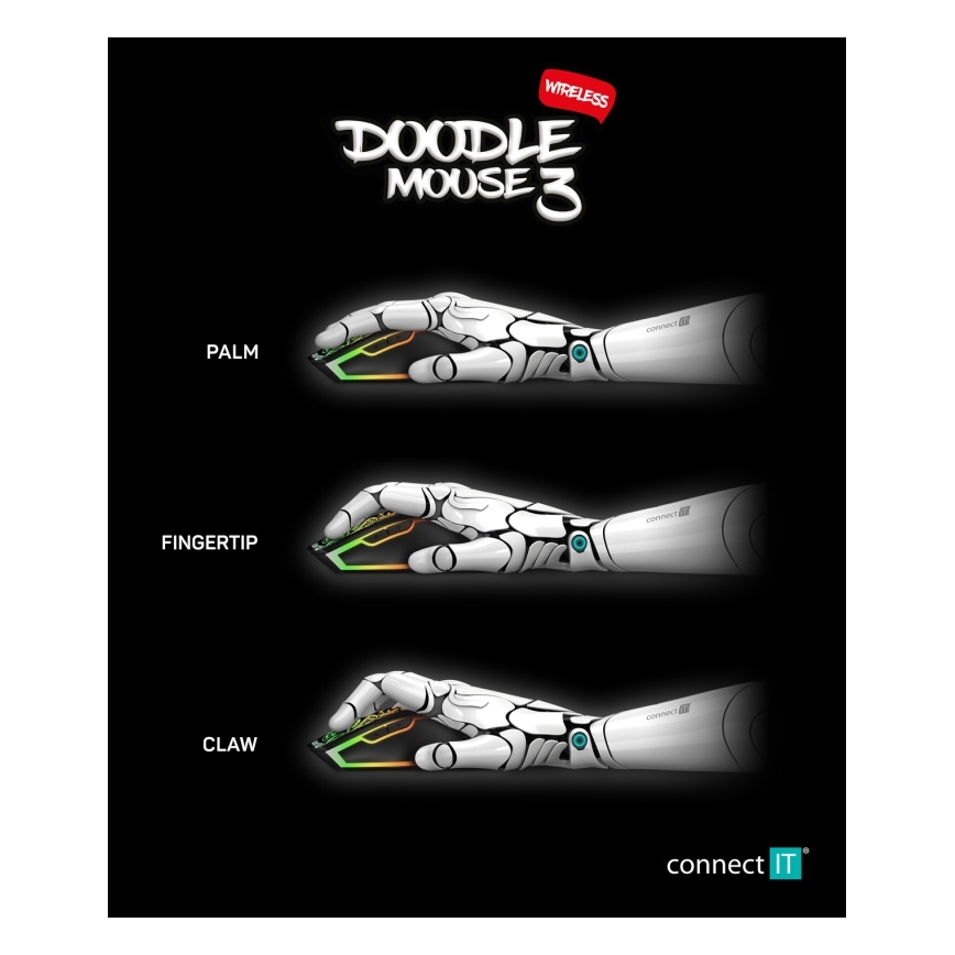 CONNECT IT CMO-3530-DD - LED RGB Trådlös laddningsbar gaming mus 800/1200/1600/2400/4800 DPI 600 mAh svart