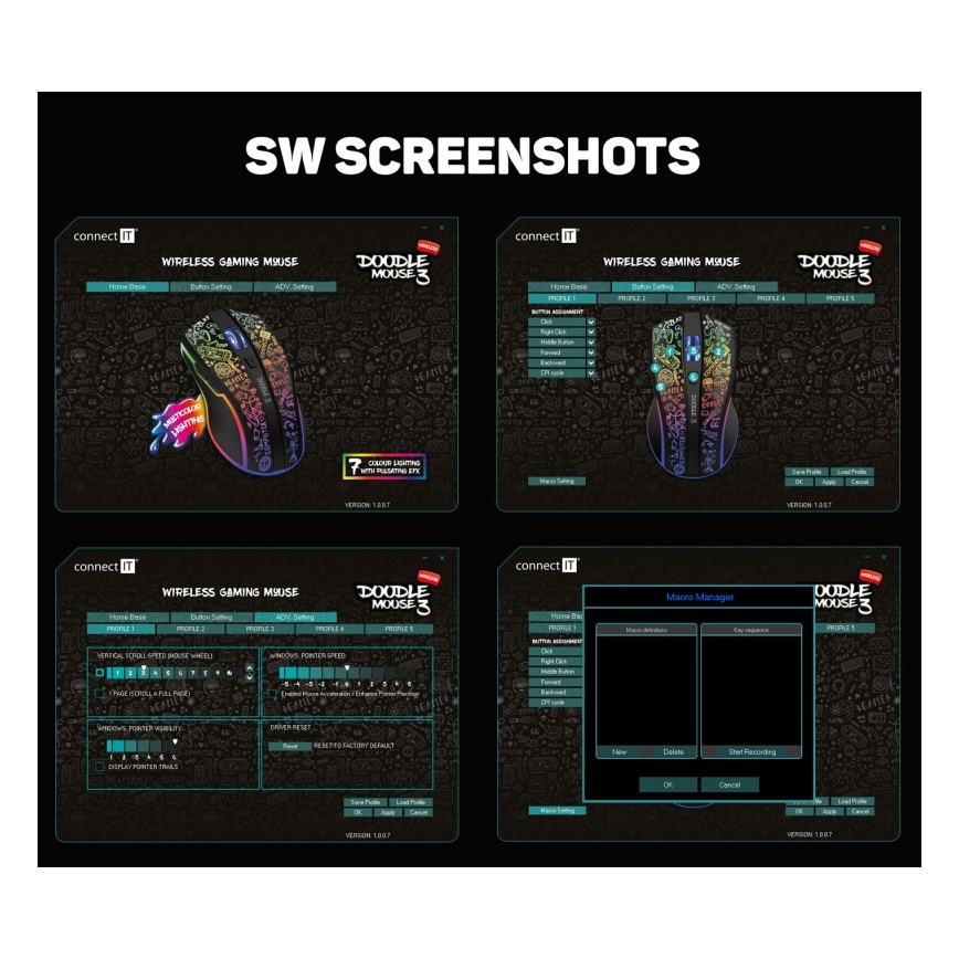 CONNECT IT CMO-3530-DD - LED RGB Trådlös laddningsbar gaming mus 800/1200/1600/2400/4800 DPI 600 mAh svart