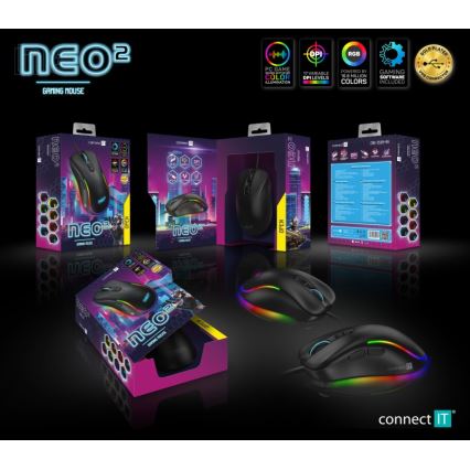 CONNECT IT CMO-3589-BK - LED RGB gaming mus med sladd 200-7200 DPI svart