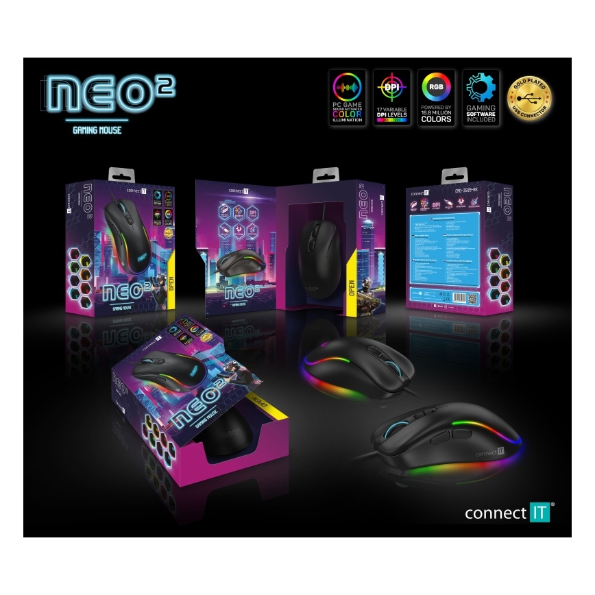 CONNECT IT CMO-3589-BK - LED RGB gaming mus med sladd 200-7200 DPI svart