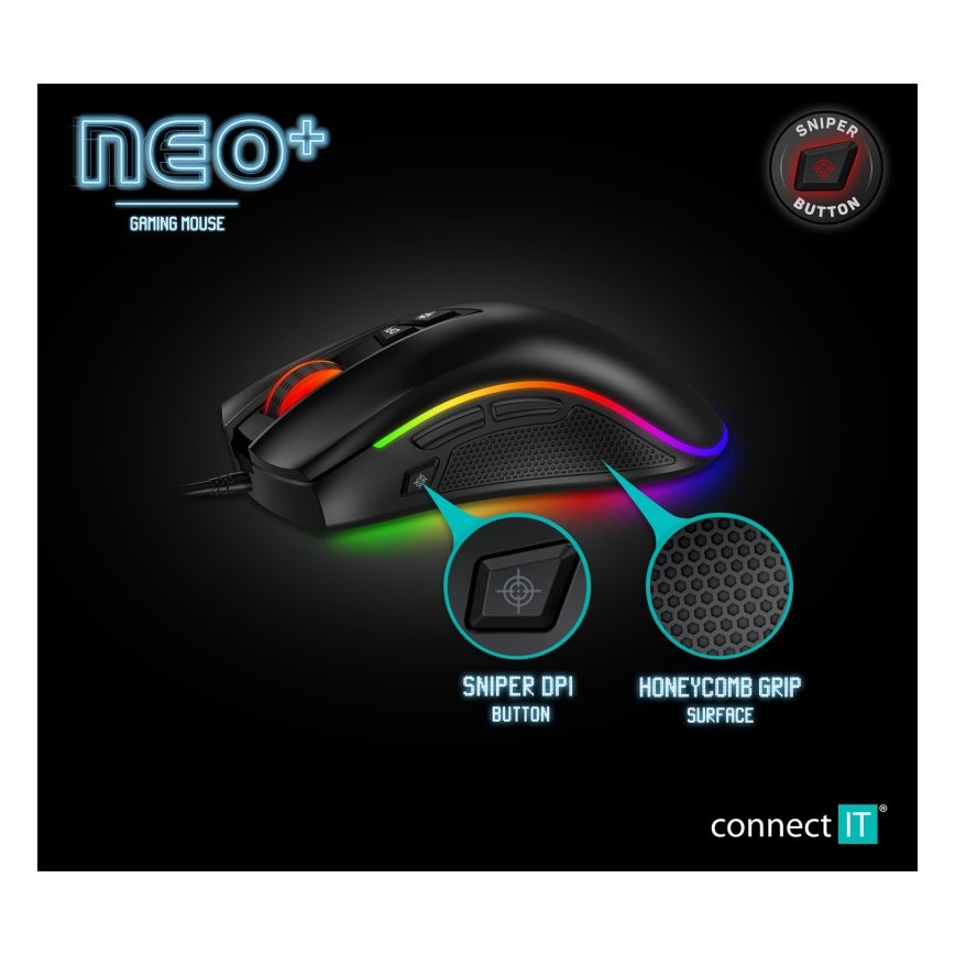 CONNECT IT CMO-3591-BK - LED RGB Trådbunden gamingmus 500-7200 DPI svart