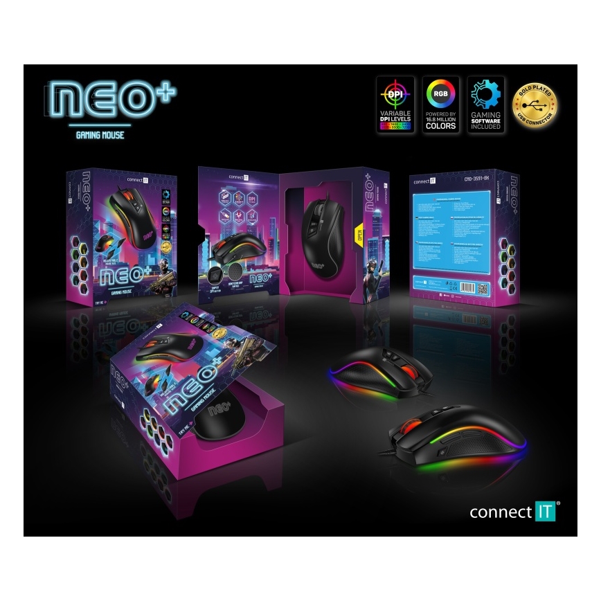 CONNECT IT CMO-3591-BK - LED RGB Trådbunden gamingmus 500-7200 DPI svart