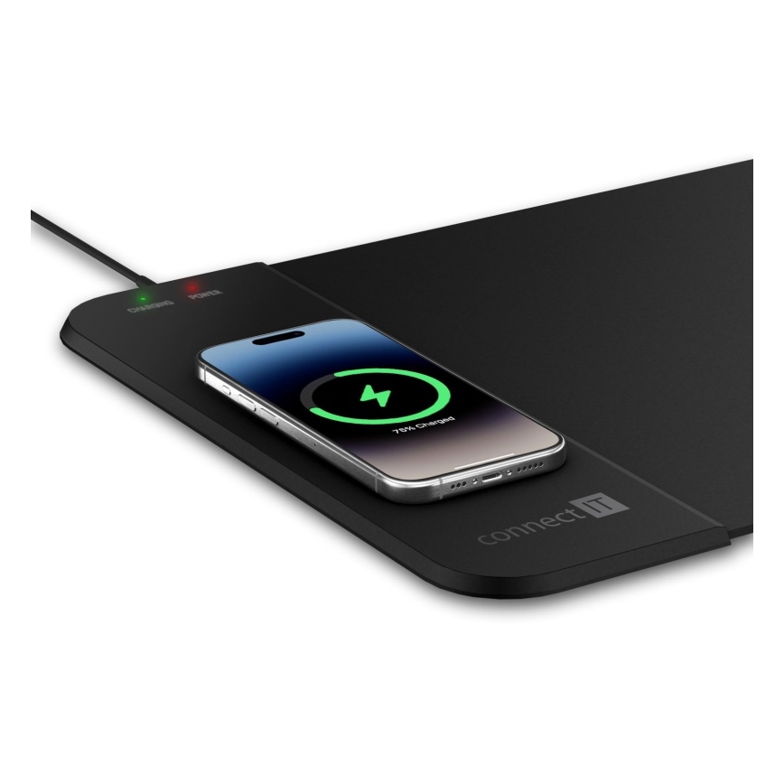 CONNECT IT CMP-2500-LG - Tangentbordsmatta och mus med Qi trådlös laddning 80x30 cm svart