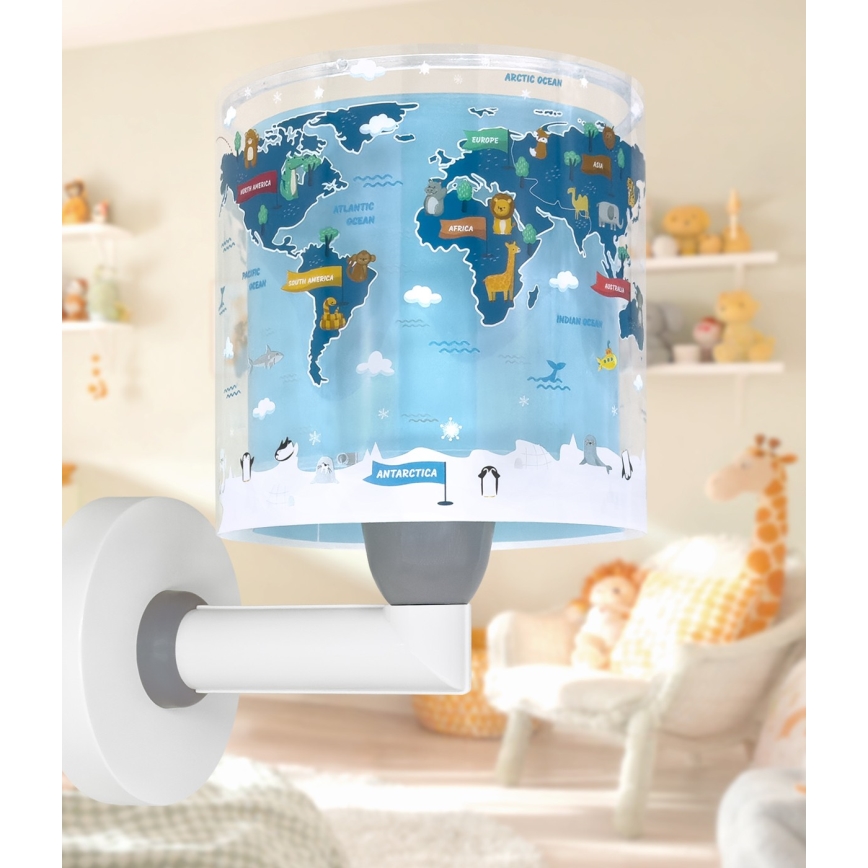 Dalber 40679 - Barnvägglampa WORLD 1xE27/15W/230V blå