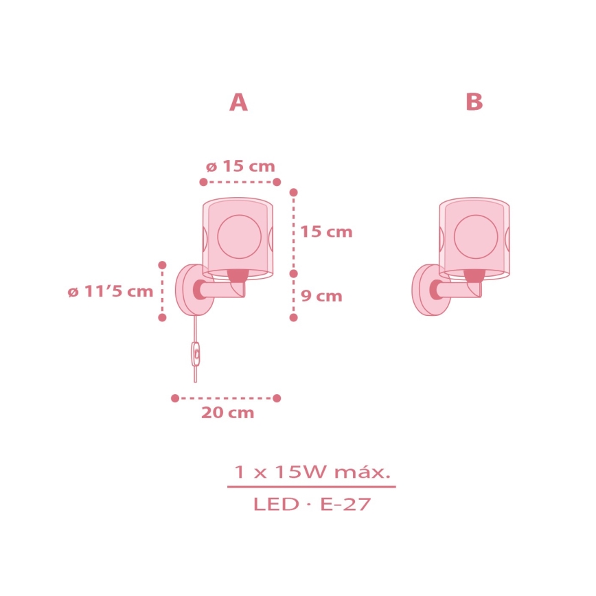 Dalber 60919 - Barnvägglampa PRINCESS DANCE 1xE27/15W/230V rosa