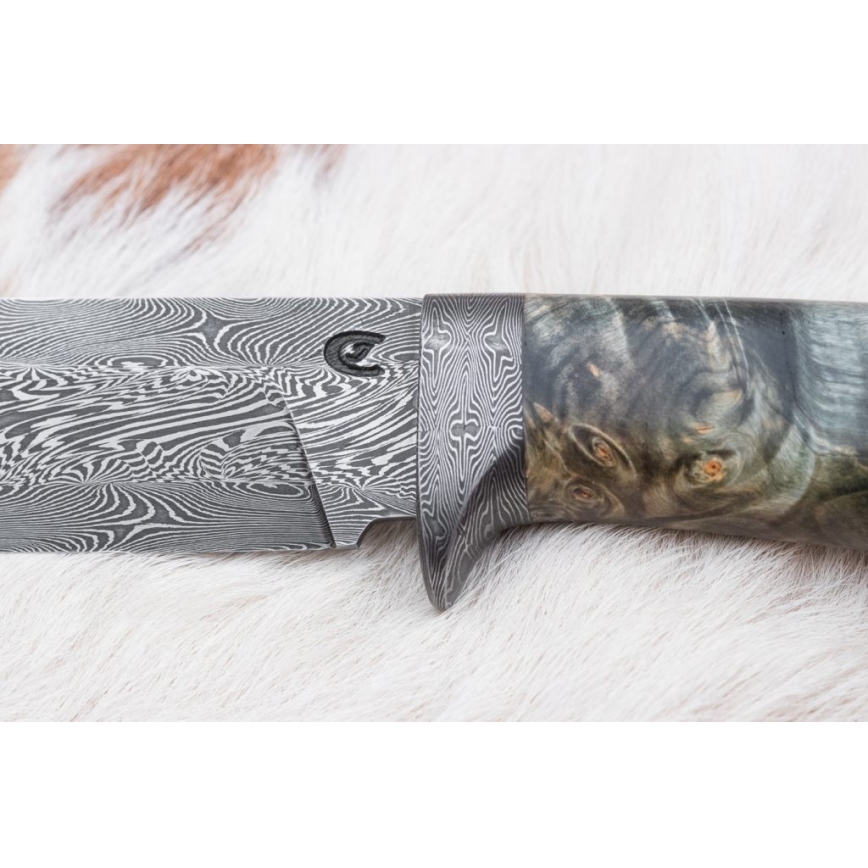 Damaskus jaktkniv 14 cm Kastanjeträd