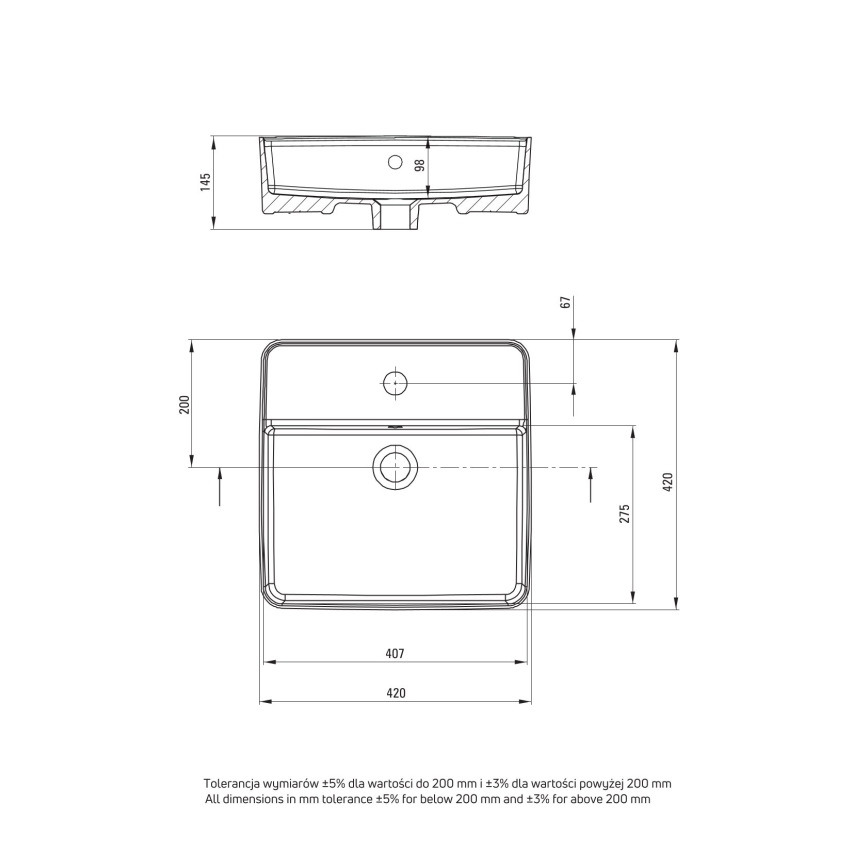 Deante CGS_6U4B - Bänkskiva tvättställ med hål för blandare SQUARE 42x42 cm keramik/vit