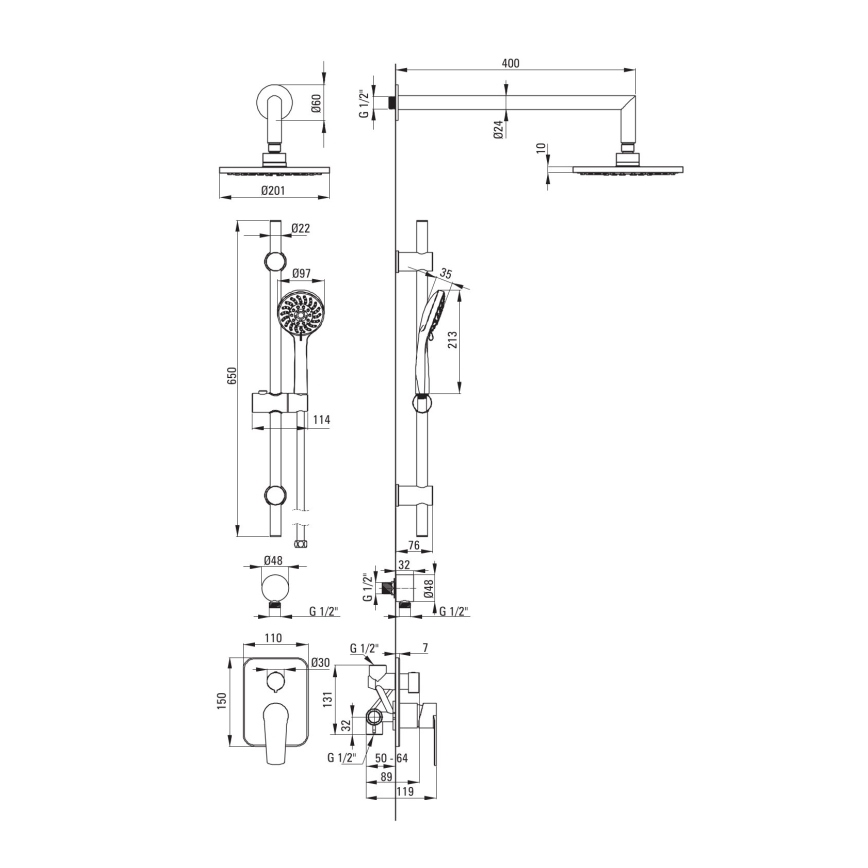 Deante NAC_09GA - Duschset med infälld blandare ALPINIA i blank krom