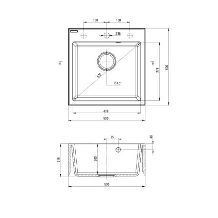 Deante ZQJNN103 - Diskho för kök EVORA 50x50 cm + kran för diskho med flexibel arm granit/svart