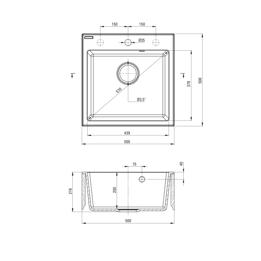 Deante ZQJNN103 - Diskho för kök EVORA 50x50 cm + kran för diskho med flexibel arm granit/svart
