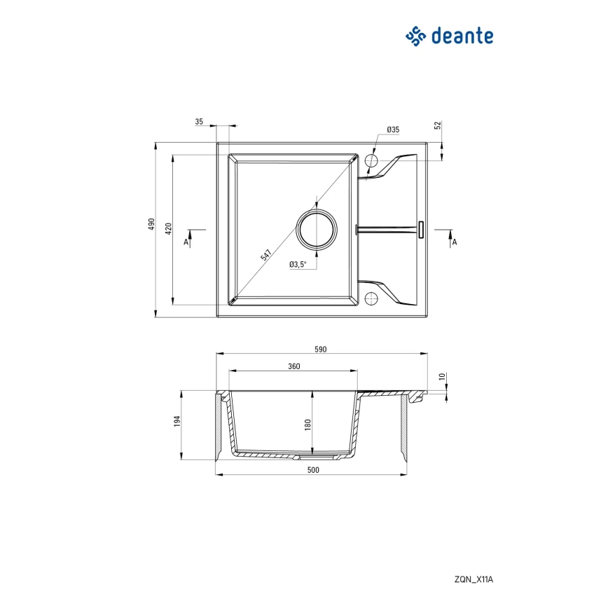 Deante ZQN_G11A - Diskho för kök ANDANTE 49x59 cm granit/metallisk grafit