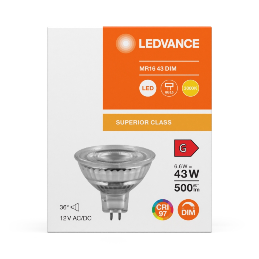 Dimmbar LED-reflektorlampa MR16 GU5,3/6,6W/12V 3000K 36° CRI 97 - Ledvance