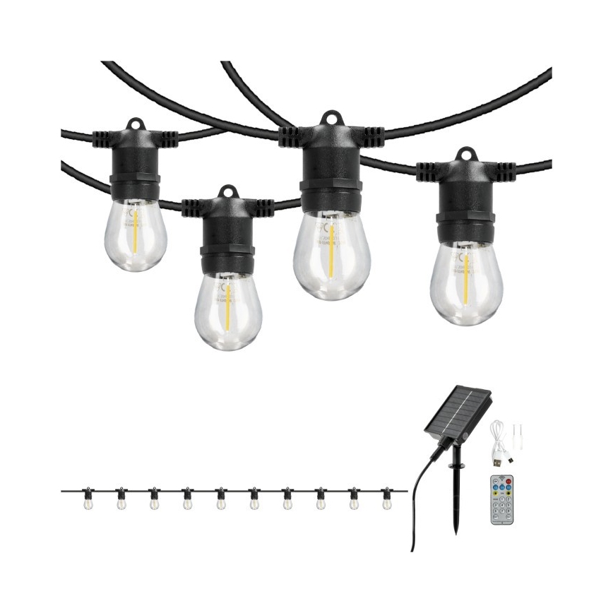LED-dimbar solcellsdriven dekorationsslinga STARLIGHT NEO 10xE27/3,7V 2700K IP54 1200 mAh 11,5m + fjärrkontroll
