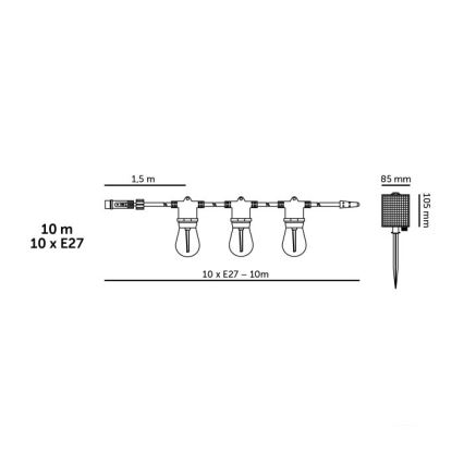 LED-dimbar solcellsdriven dekorationsslinga STARLIGHT NEO 10xE27/3,7V 2700K IP54 1200 mAh 11,5m + fjärrkontroll