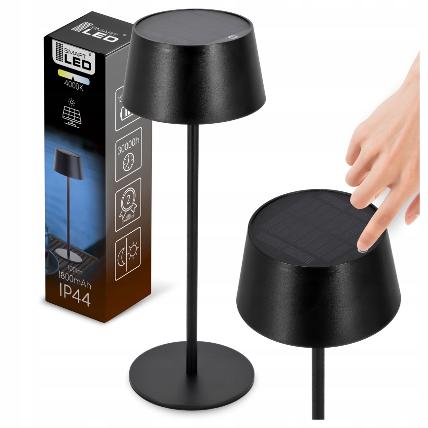 Dimbar LED-solcellslampa med touchkontroll, LED/3W/5V, USB, 1800 mAh, IP44, svart