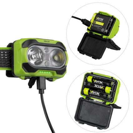 Dimmbar uppladdningsbar LED-pannlampa med sensor och rött ljus LED/10W/5V/3xAAA IP44 600 lm 1200 mAh