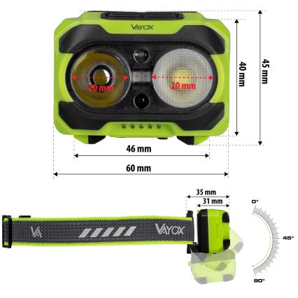 Dimmbar uppladdningsbar LED-pannlampa med sensor och rött ljus LED/10W/5V/3xAAA IP44 600 lm 1200 mAh