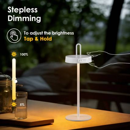 Dimmbar, uppladdningsbar utomhusbordslampa med beröringsstyrning SHINE LED/1,5W/3,7V 3000 mAh IP44 vit