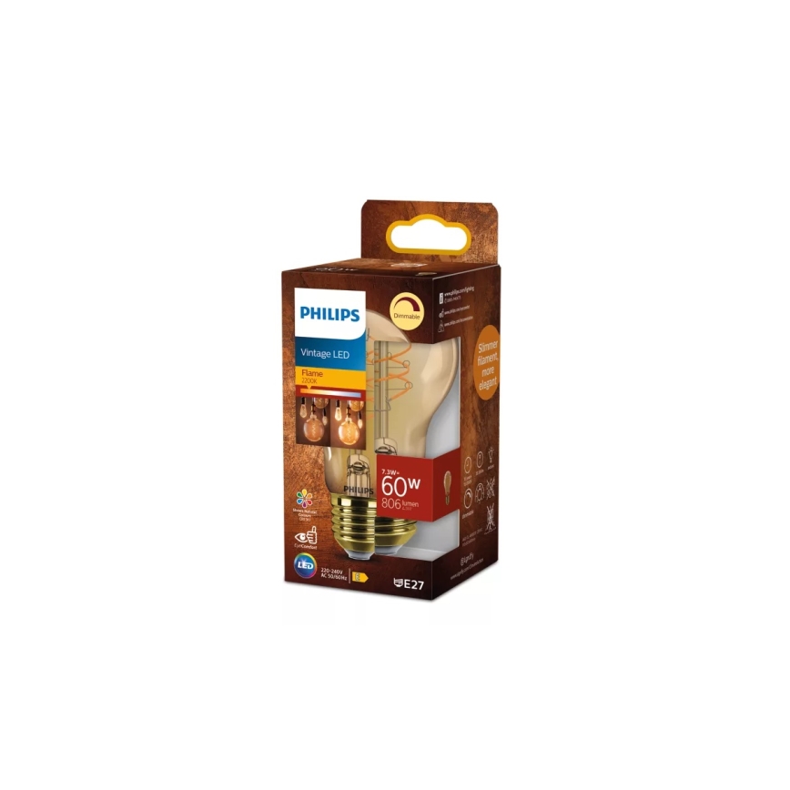 Dimbar VINTAGE LED-lampa Philips A60 E27, 7,3 W, 230 V, 2200 K