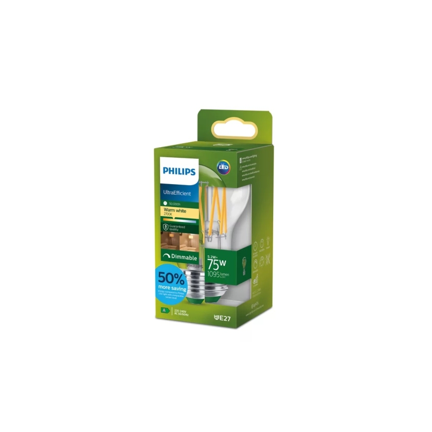 Dimbara LED-lampa ULTRAEFFICIENT VINTAGE Philips A60 E27/5,2W/230V 2700K