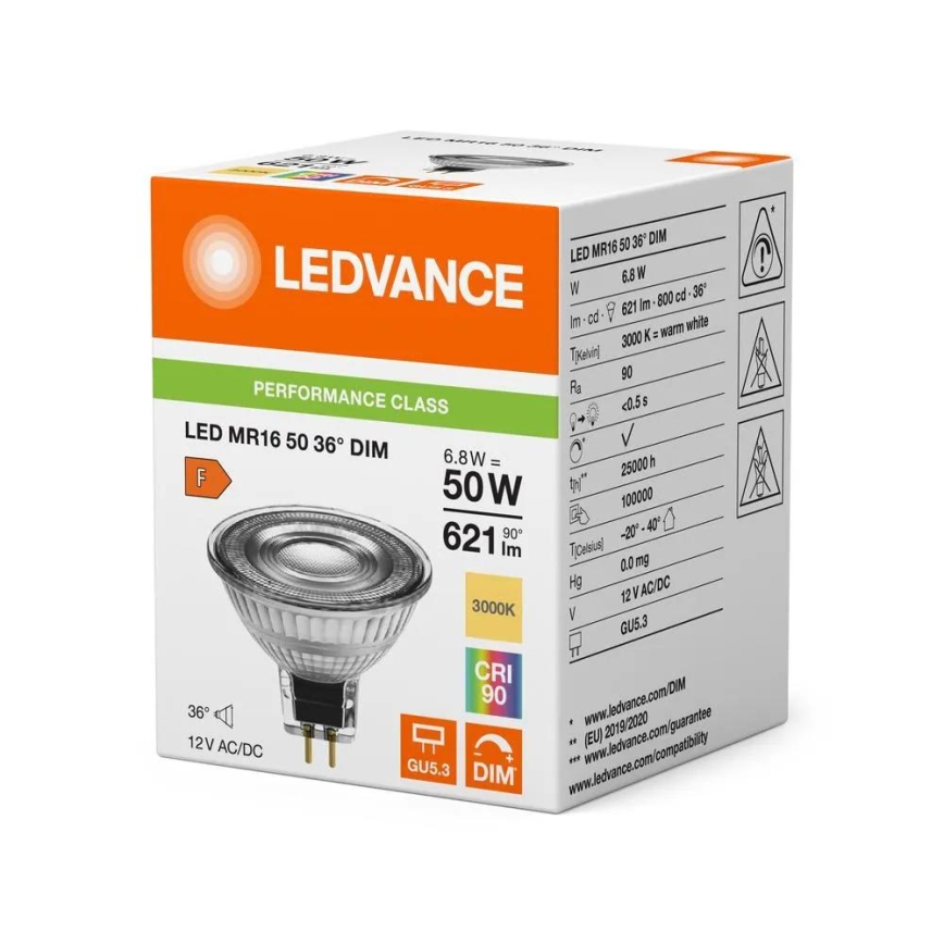 Dimmbar LED-lampa MR16 GU5,3/6,8W/12V 3000K 36° CRI 90 - Ledvance