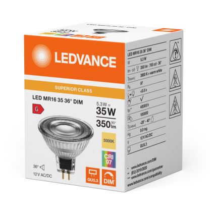 Dimbara LED-reflektorlampor MR16 GU5,3/5,3W/12V 3000K 36° CRI 97 - Ledvance