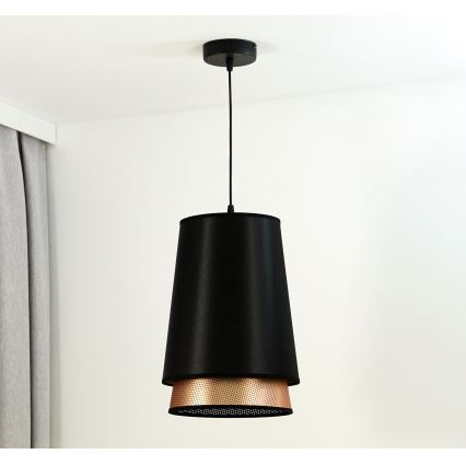 Duolla - Ljuskrona med textilsladd BELL SHINY 1xE27/15W/230V diameter 25 cm svart/koppar