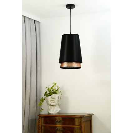 Duolla - Ljuskrona med textilsladd BELL SHINY 1xE27/15W/230V diameter 25 cm svart/koppar