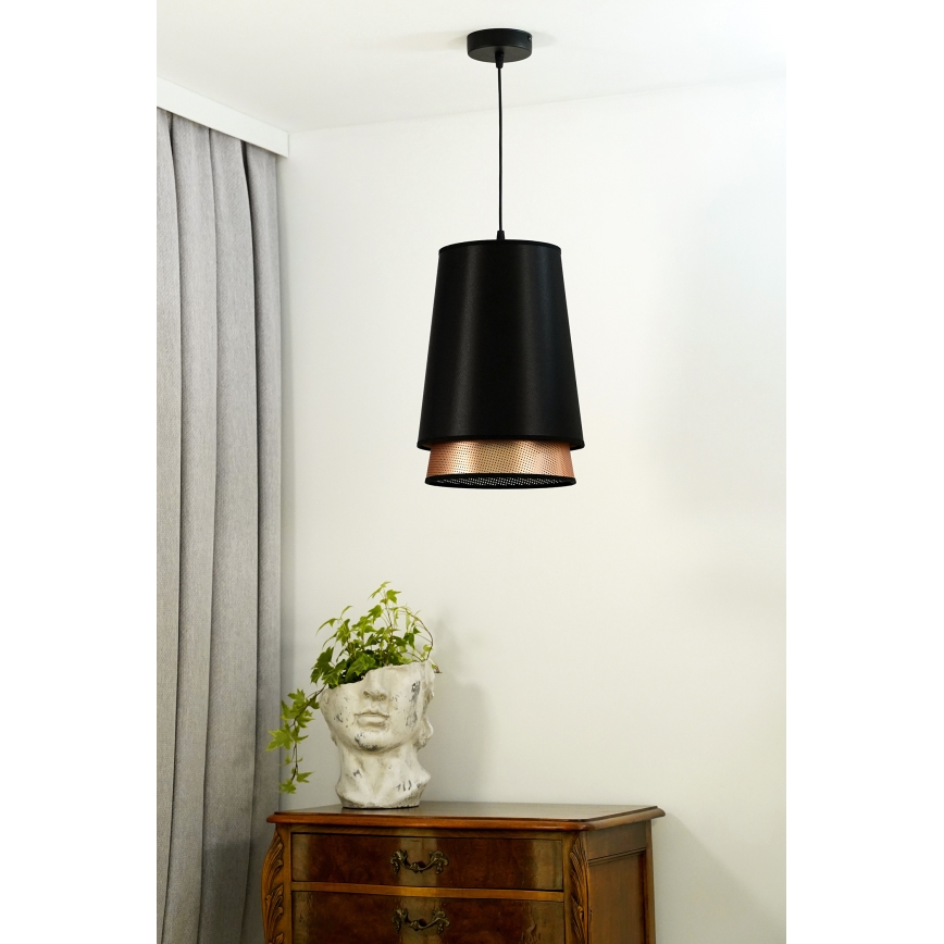 Duolla - Ljuskrona med textilsladd BELL SHINY 1xE27/15W/230V diameter 25 cm svart/koppar