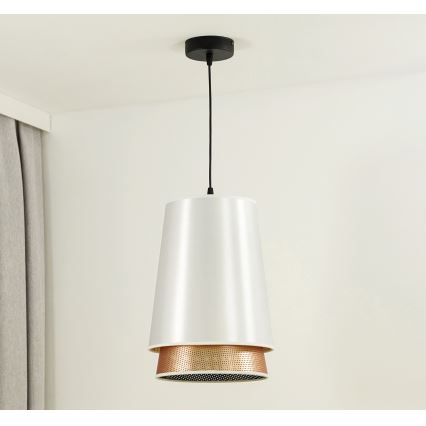 Duolla - Ljuskrona med textilsladd BELL SHINY 1xE27/15W/230V diameter 25 cm vit/koppar