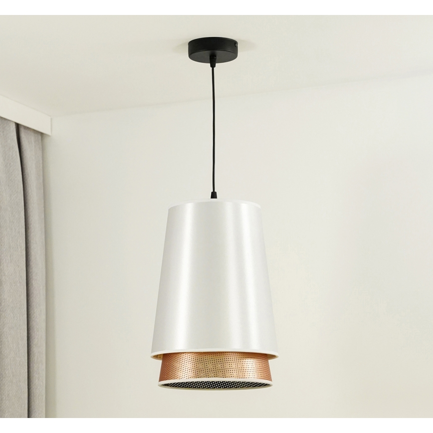 Duolla - Ljuskrona med textilsladd BELL SHINY 1xE27/15W/230V diameter 25 cm vit/koppar