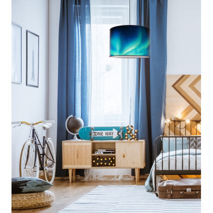 Duolla - Ljuskrona med textilsladd PRINT L 1xE27/40W/230V diameter 45 cm svart/turkos