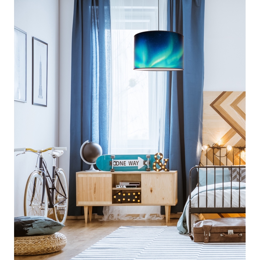 Duolla - Ljuskrona med textilsladd PRINT L 1xE27/40W/230V diameter 45 cm svart/turkos