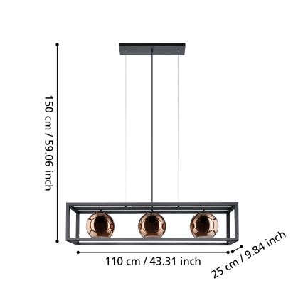 Eglo - Ljuskrona med textilsladd 3xE27/40W/230V koppar/svart