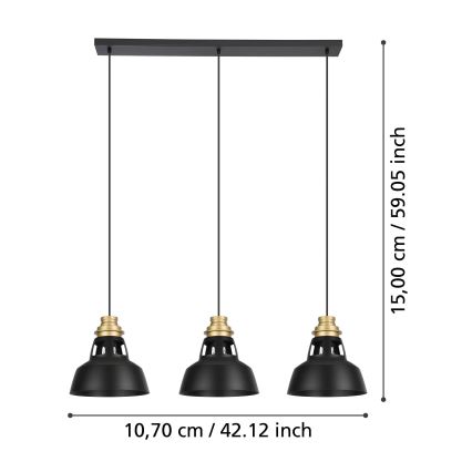 Eglo - Ljuskrona med textilsladd 3xE27/40W/230V svart/guld