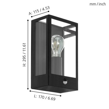 Eglo 780422 - Utomhus vägglampa med sensor ALGECIRAS 1xE27/60W/230V IP44
