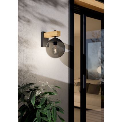 Eglo - Vägglampa för utomhusbruk 1xE27/40W/230V svart/trä IP44