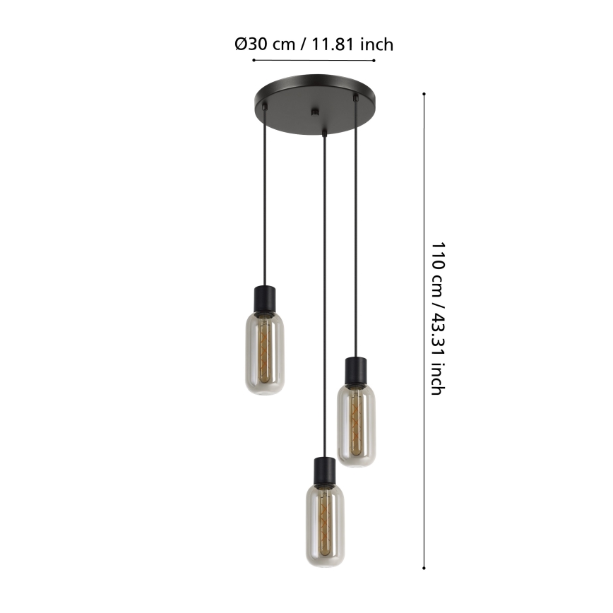 Eglo - Takpendel med vajer 3xE27/4W/230V svart/röktonad