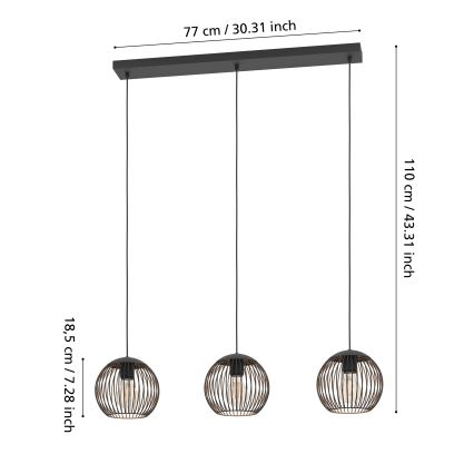 Eglo - Pendellampa på kabel 3xE27/60W/230V svart