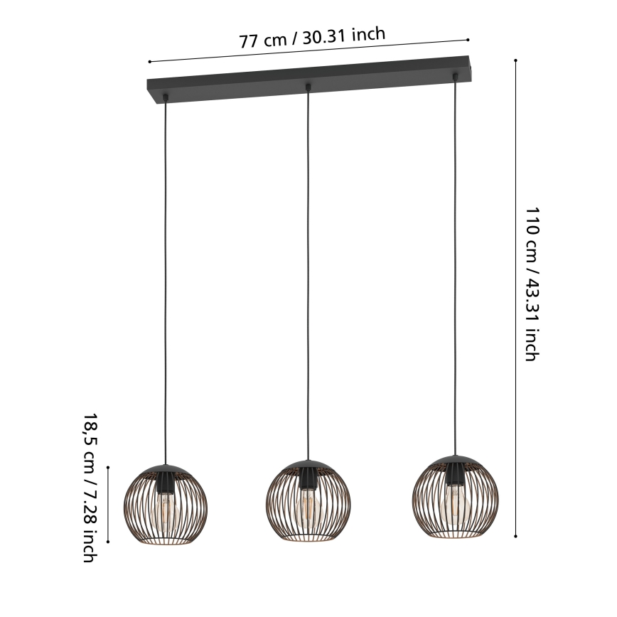 Eglo - Pendellampa på kabel 3xE27/60W/230V svart