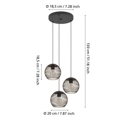 Eglo - Pendellampa med kabel 3xE27/60W/230V svart