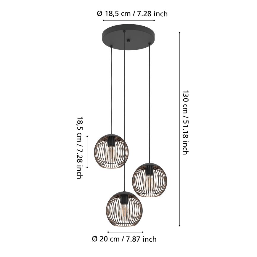 Eglo - Pendellampa med kabel 3xE27/60W/230V svart