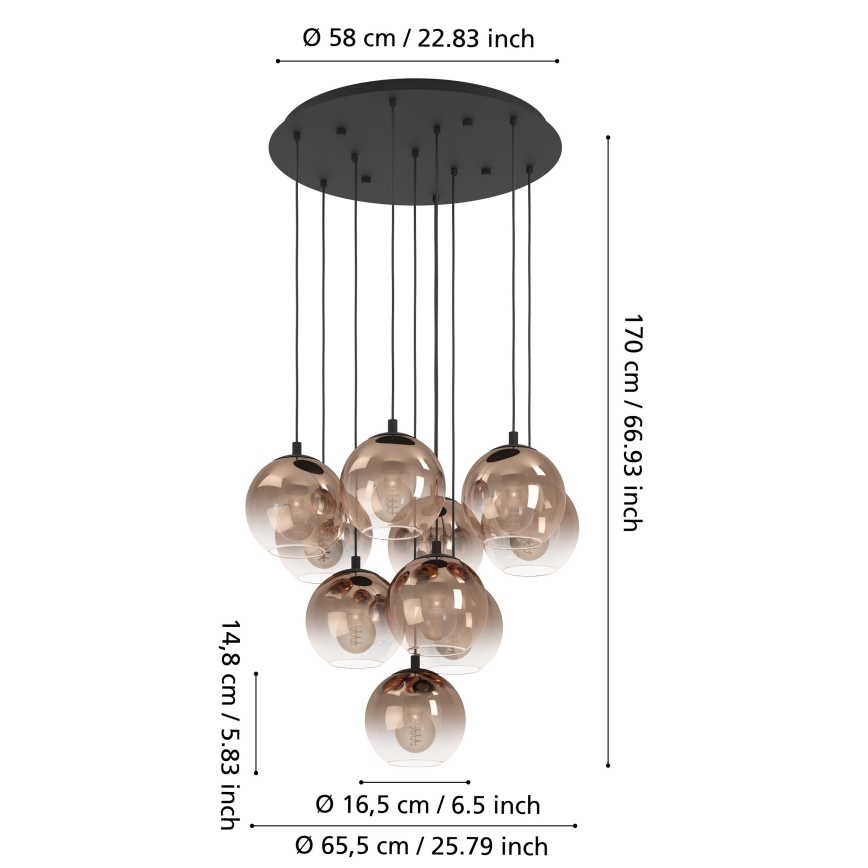 Eglo - Ljuskrona med vajer 10xE27/60W/230V svart/beige/rökfärgad